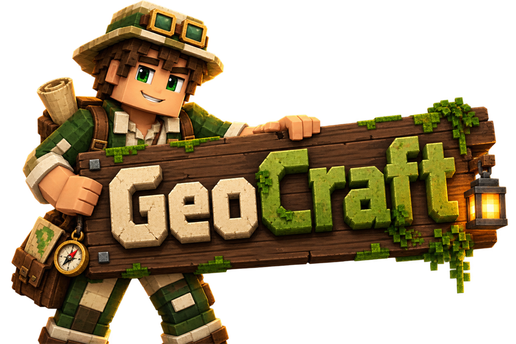 Mascotte GeoCraft tenant le logo du serveur